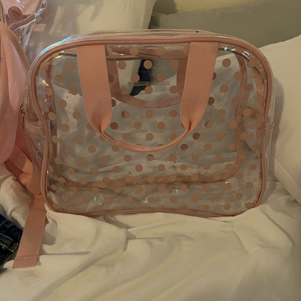 Rose gold see-through matching backpack with tote with rose gold polkadots